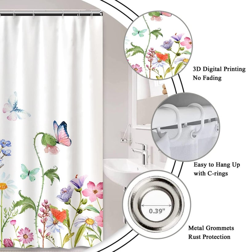 AWERT Butterfly Wildflowers Small Half Size Stall Shower Curtain with Hooks Shower Stall Curtain for Bathroom/RV and Camper 48 x 72 - Image 5
